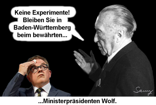 Adenauer: Keine Experimente mit Wolf! - Karikatur: Samy
