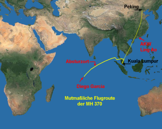 Flugroute MH370 und Absturzort - Grafik: N.R.