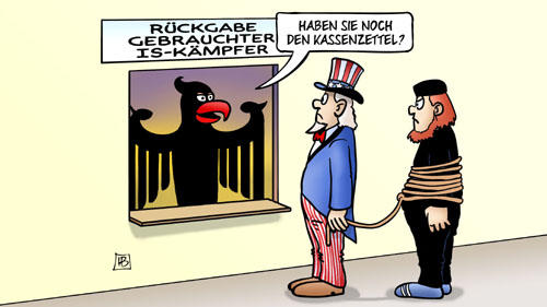 IS-Kmpfer und Kassenzettel - Karikatur: Harm Bengen