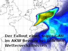 Der Fallout eines Super-GAU im AKW Beznau bei üblichen Wetterverhältnissen, Karte von Europa - Grafik: FlexRISK - Creative-Commons-Lizenz Namensnennung Nicht-Kommerziell 3.0