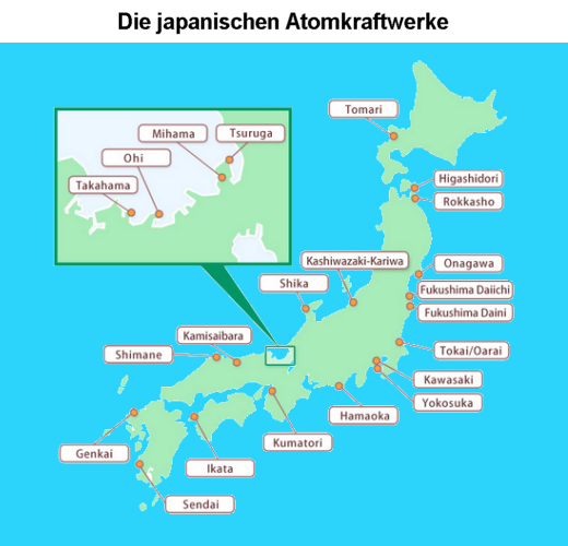 Die japanischen Atomkraftwerke, Karte - Grafik: Samy - auf der Grundlage einer Grafik des Japan Atomic Industries Forum - Creative-Commons-Lizenz Namensnennung Nicht-Kommerziell 3.0