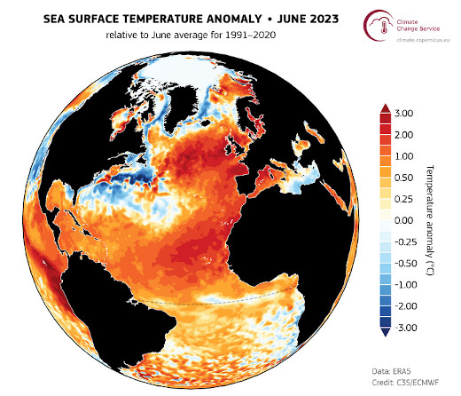 Meeresoberflächentemperatur, global, global, Juni 2023 - Grafik: CCCS - Creative-Commons-Lizenz Namensnennung Nicht-Kommerziell 3.0