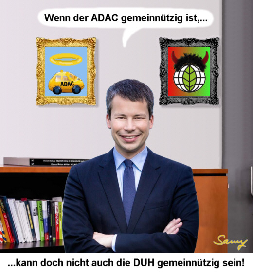Steffen Bilger, ADAC und DUH - Karikatur: Samy - Creative-Commons-Lizenz Namensnennung Nicht-Kommerziell 3.0
