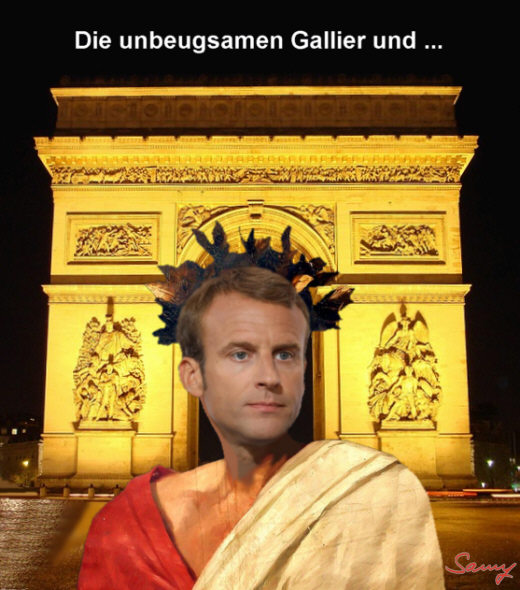Cäsar Macron und die Gallier - Karikatur: Samy - Creative-Commons-Lizenz Namensnennung Nicht-Kommerziell 3.0