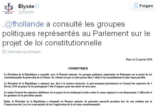 Hollande - Twitter-Mitteilung, 22.01.2016