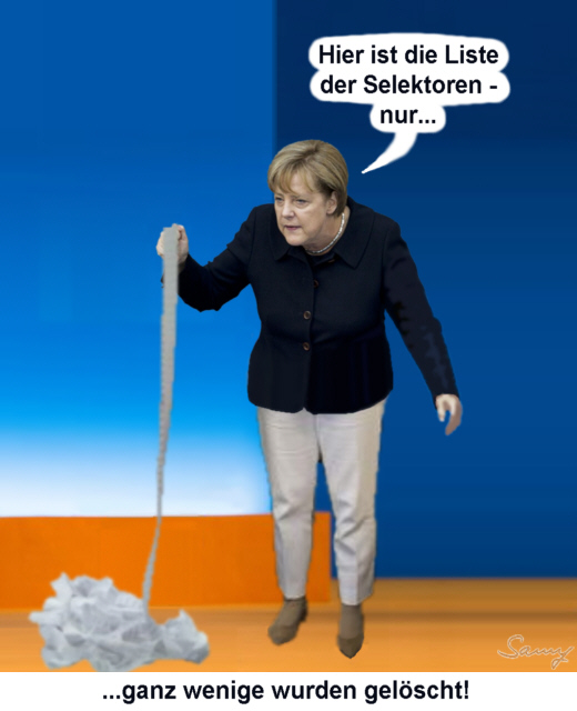 Merkel präsentiert die Selektoren-Liste - Karikatur: Samy