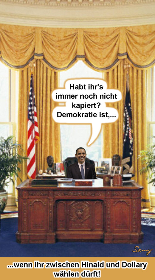 Obama erklärt Demokratie - Karikatur: Samy - Creative-Commons-Lizenz Namensnennung Nicht-Kommerziell 3.0
