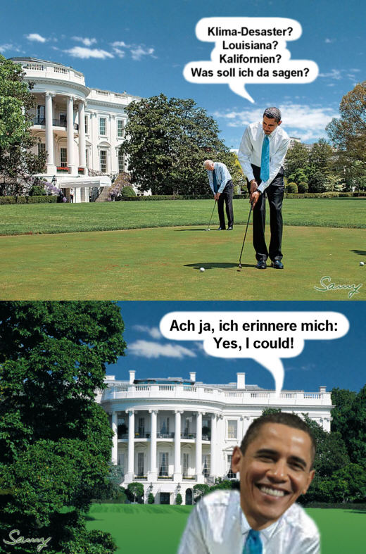 Obama, Golf und Klima-Desaster, Karikatur: Samy - Creative-Commons-Lizenz Nicht-Kommerziell 3.0
