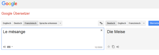 Google Translator bei Eingabe von mesange - Screenshot: RN - Creative-Commons-Lizenz Namensnennung Nicht-Kommerziell 3.0