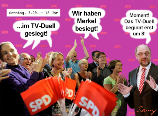SPD erklärt Schulz zum TV-Duell-Sieger - Karikatur: Samy - Creative-Commons-Lizenz Namensnennung Nicht-Kommerziell 3.0