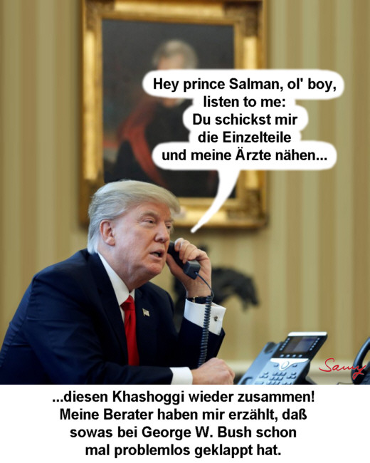 Trump, Prinz Salman und Khashoggi - Karikatur: Samy - Creative-Commons-Lizenz Namensnennung Nicht-Kommerziell 3.0
