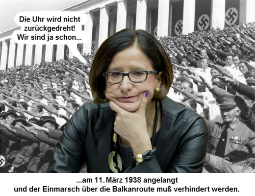 Johanna Mikl-Leitner: Die Uhr wird nicht zurückgedreht! - Karikatur: Samy