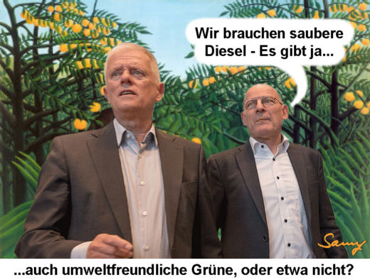 Winfried Hermann, saubere Diesel und umweltfreundliche Grüne - Karikatur: Samy - Creative-Commons-Lizenz Namensnennung Nicht-Kommerziell 3.0